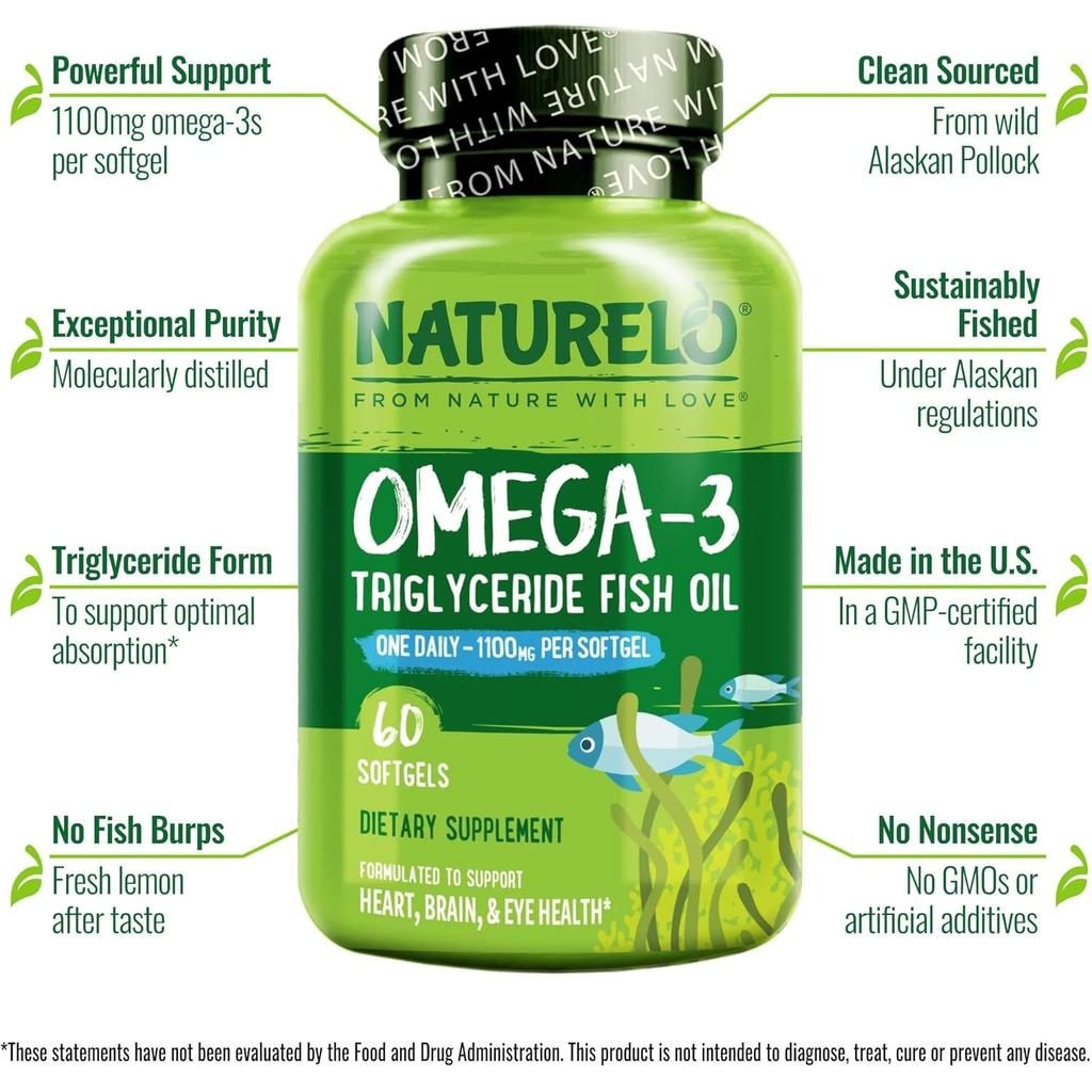 Naturelo Triglyceride Omega-3 Softgel, high-strength supplement for optimal absorption and heart health