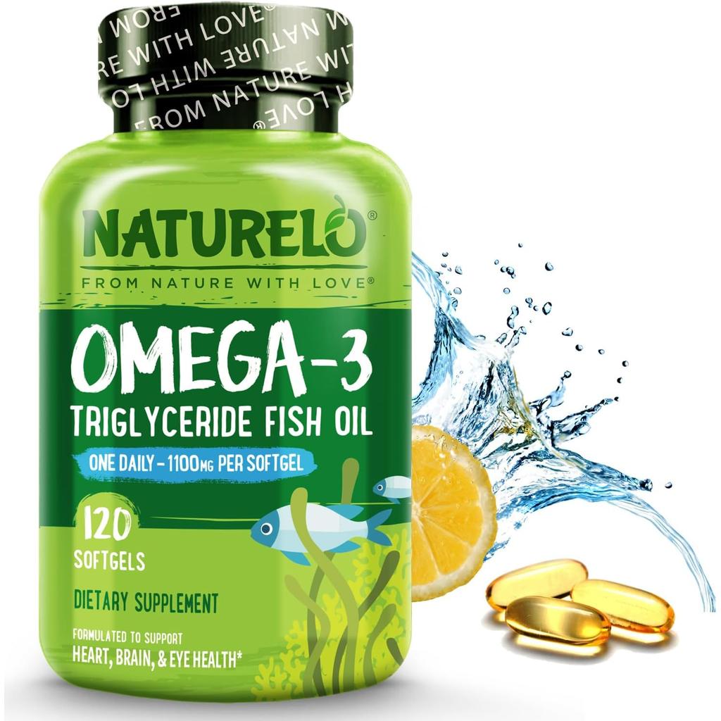 Naturelo Triglyceride Omega-3 Softgel, high strength, pure fish oil supplement for optimal absorption and heart health suppor