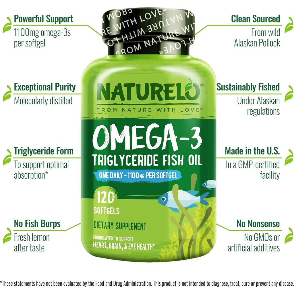 Naturelo Triglyceride Omega-3 Softgel Capsule with Pure Alaskan Fish Oil for Optimal Absorption