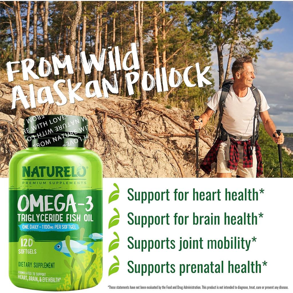 Naturelo Triglyceride Omega-3 softgel, high-strength fish oil supplement for optimal absorption and freshness
