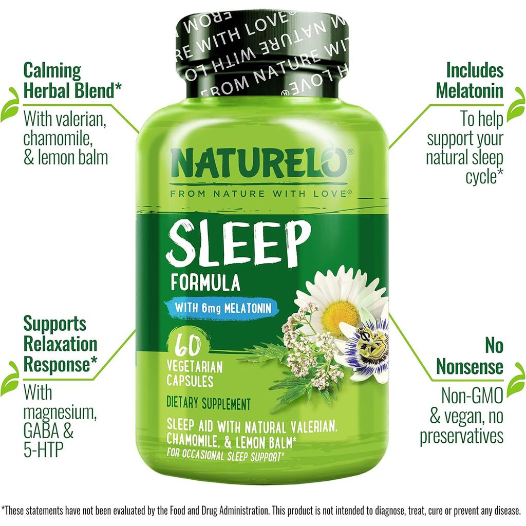 Naturelo Sleep Support Formula with Chamomile, Valerian, and Melatonin for restful sleep