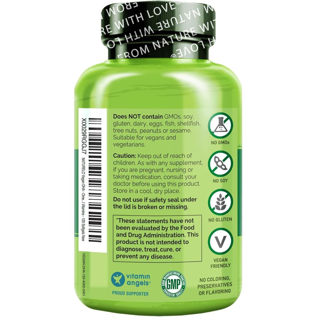 Naturelo Vegan DHA Omega-3 supplement from algae, ideal for long-term use, allergen-free, with easy-to-swallow capsules