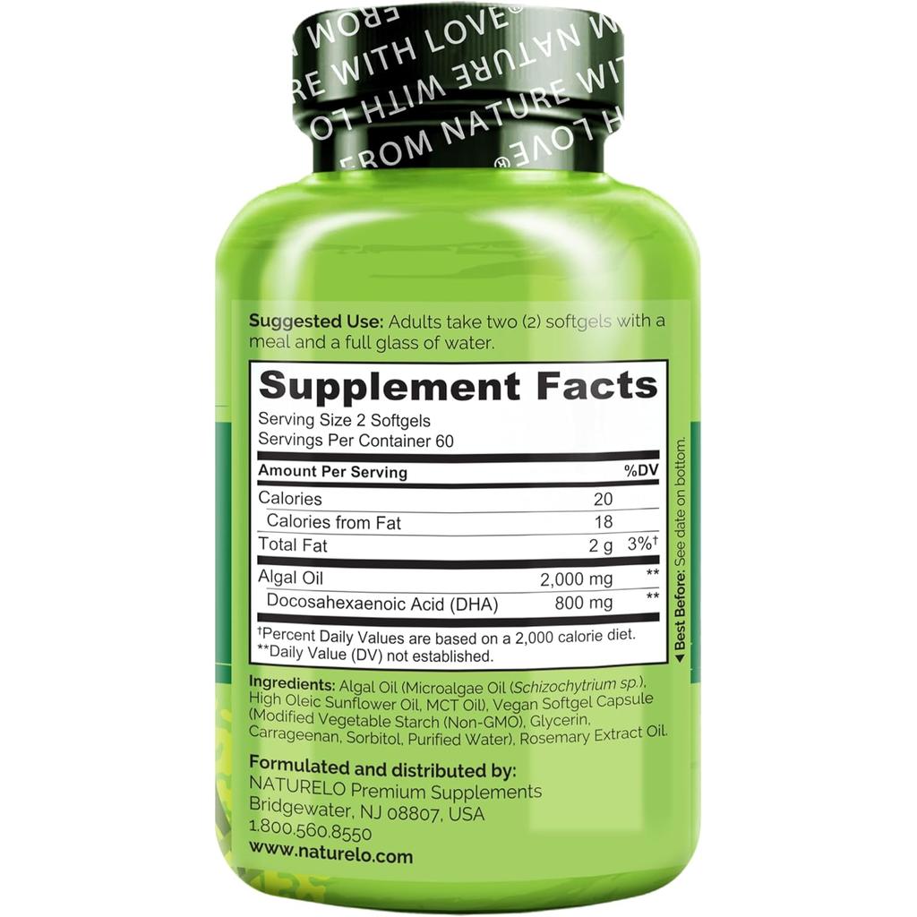 Naturelo Vegan DHA Omega-3 Supplement from Algae, Ideal for Long-term Use, Lab-tested and Allergen-free