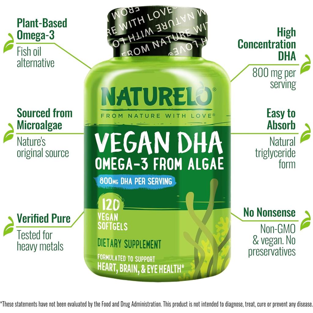 Naturelo Vegan DHA Omega-3 supplement from algae, perfect for long-term use and free from common allergens