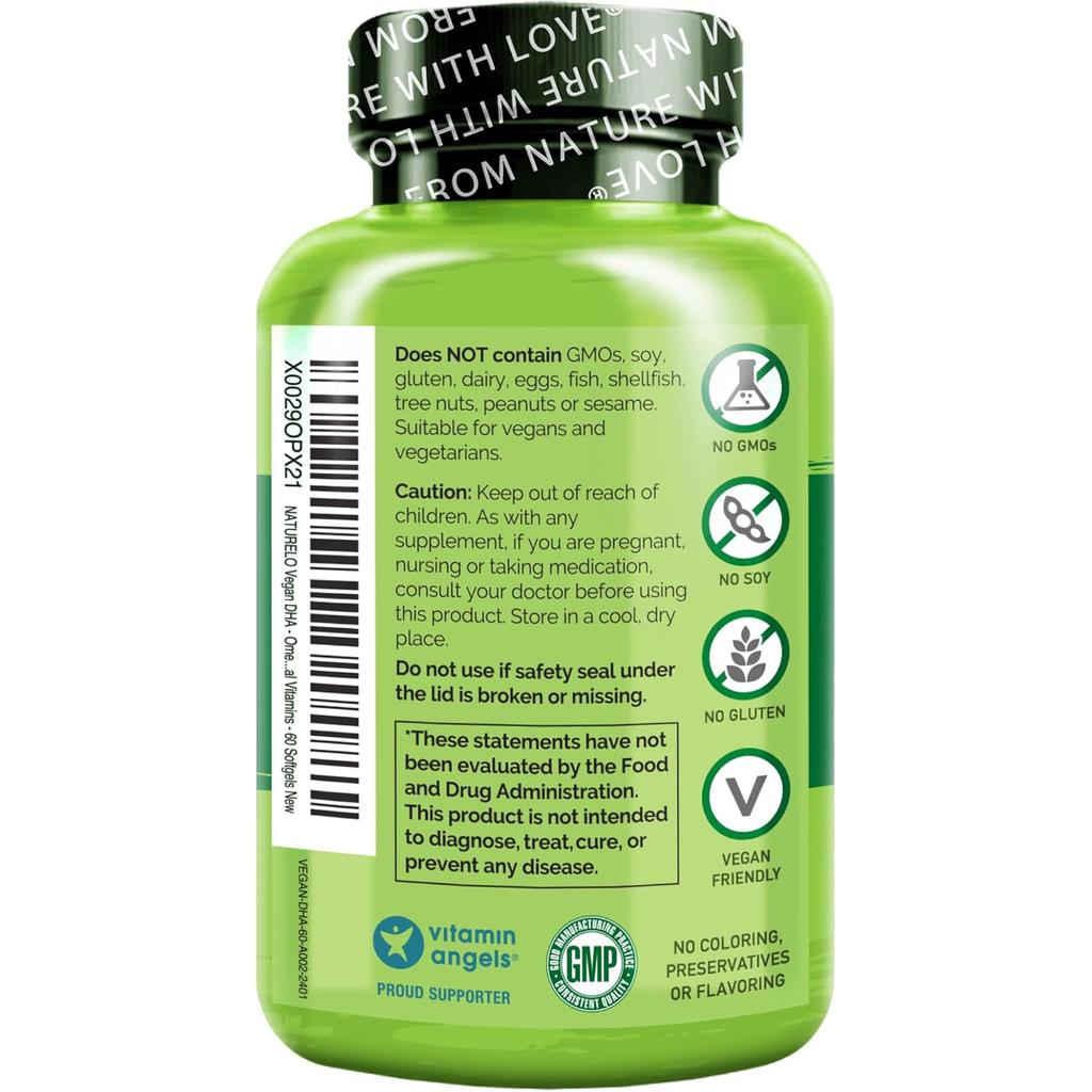 Naturelo Vegan DHA Omega-3 supplement from algae in easy-to-swallow capsules, allergen-free and sustainably sourced