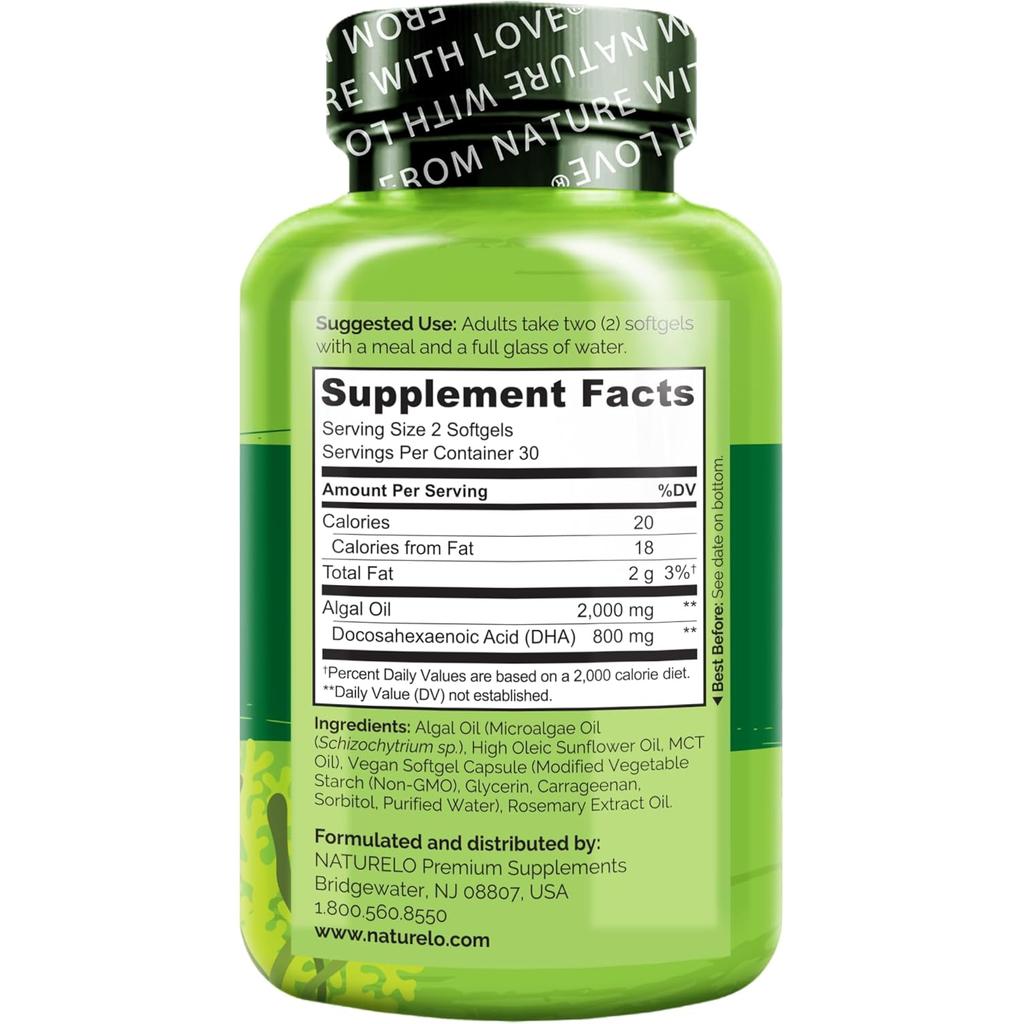Naturelo Vegan DHA Omega-3 from Algae, sustainable and toxin-free supplement for brain health