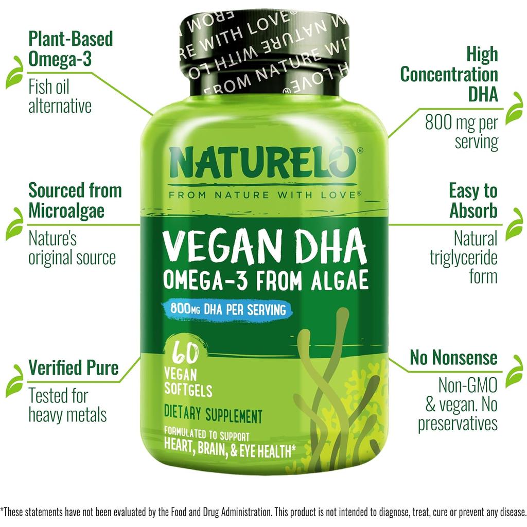 Naturelo Vegan DHA Omega-3 from Algae, sustainable, allergen-free, and long shelf-life supplement suitable for vegans