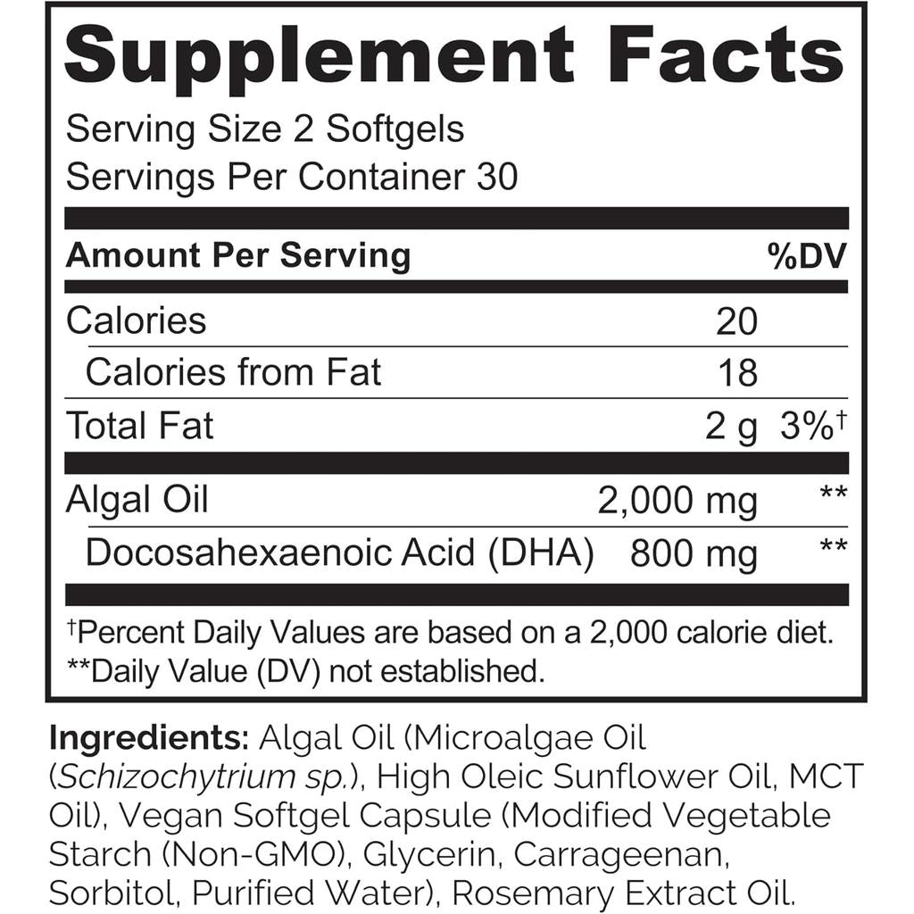 Naturelo Vegan DHA Omega-3 Supplement from Algae in Softgel Capsules - Ideal for Long-term Use