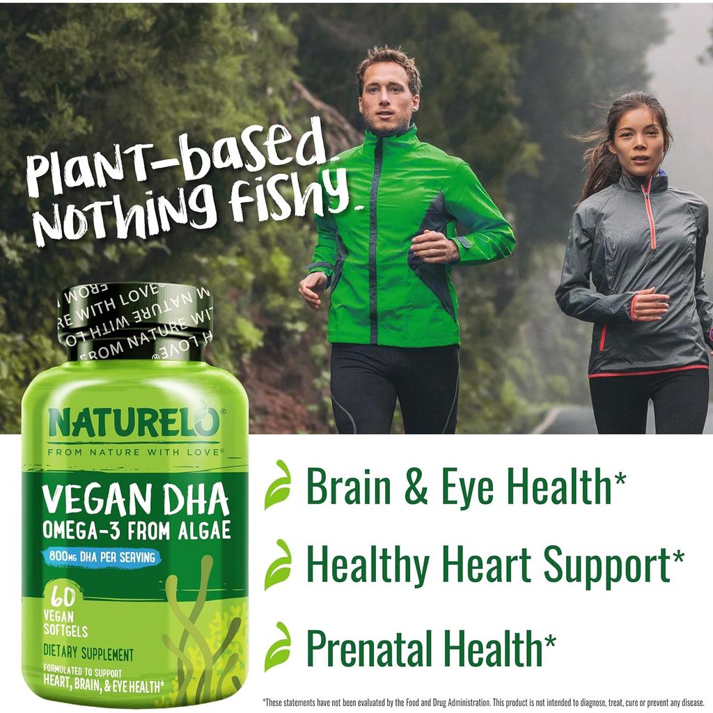 Naturelo Vegan DHA Omega-3 supplement from algae in standard-sized softgels, safe and sustainable for long-term use