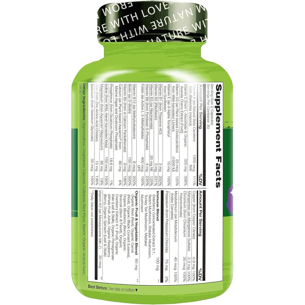 Naturelo Whole Food Multivitamin + Immune Blend packed with 24 vitamins, minerals and superfoods for immune health support