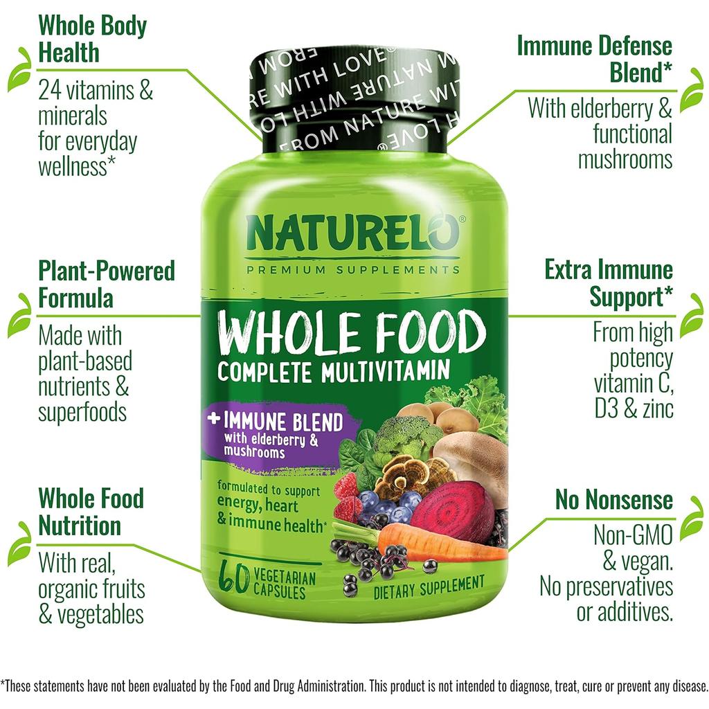 Naturelo Whole Food Multivitamin + Immune Blend packed with vitamins, minerals, superfoods, and functional mushrooms for immu