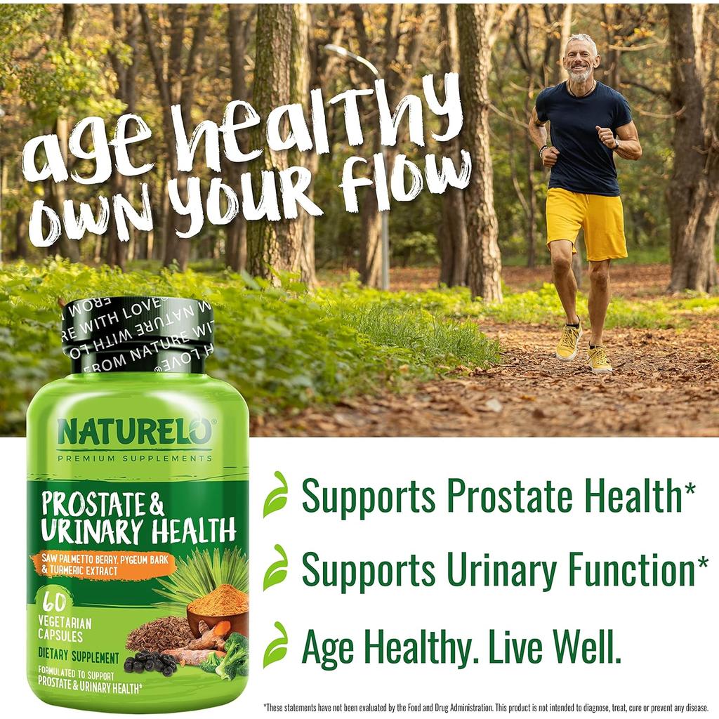 Naturelo Prostate & Urinary Health supplement, vegan-friendly 60-capsule pack for aging comfort