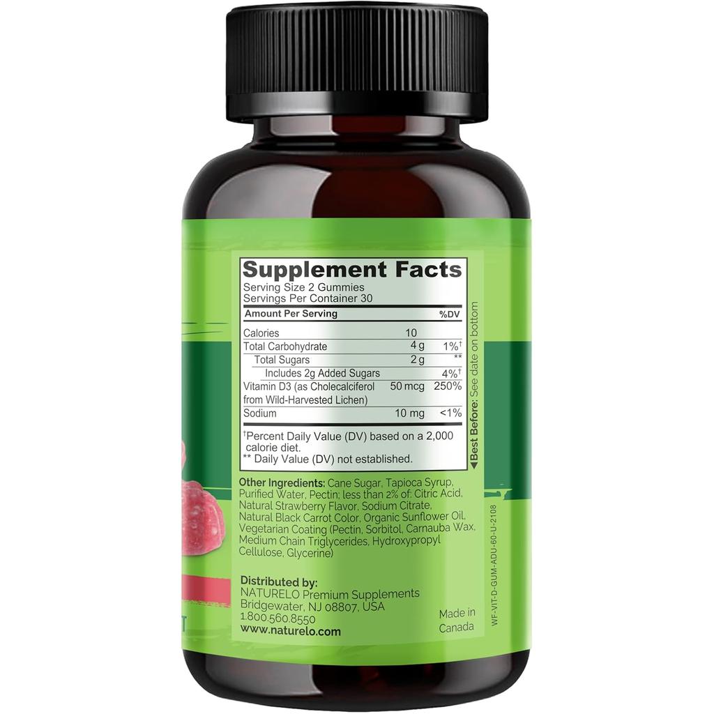 Naturelo Whole Food Vitamin D3 Gummies for adults, vegan-friendly, strawberry flavoured, for bone and immune support