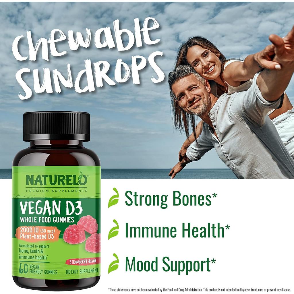 Naturelo Whole Food Vitamin D3 Gummies - vegan-friendly, strawberry flavoured, bone and immune health support