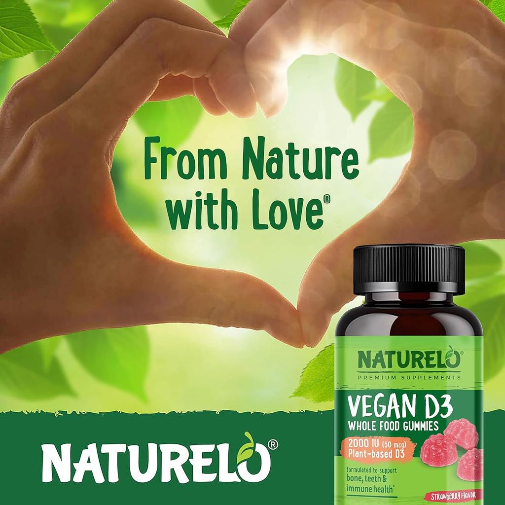 Naturelo Whole Food Vitamin D3 Gummies, Vegan-Friendly, Strawberry Flavoured, for Bone and Immune Support