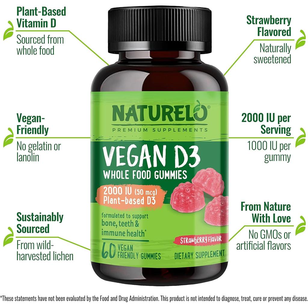 Naturelo chewable Vitamin D3 gummies, plant-based, for strong bones and immune support, vegan-friendly with strawberry flavou