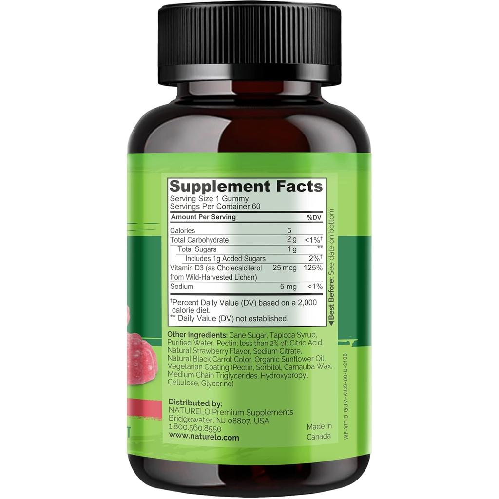 Naturelo Whole Food Vitamin D3 Gummies for Kids, vegan-friendly strawberry-flavoured immune support supplement