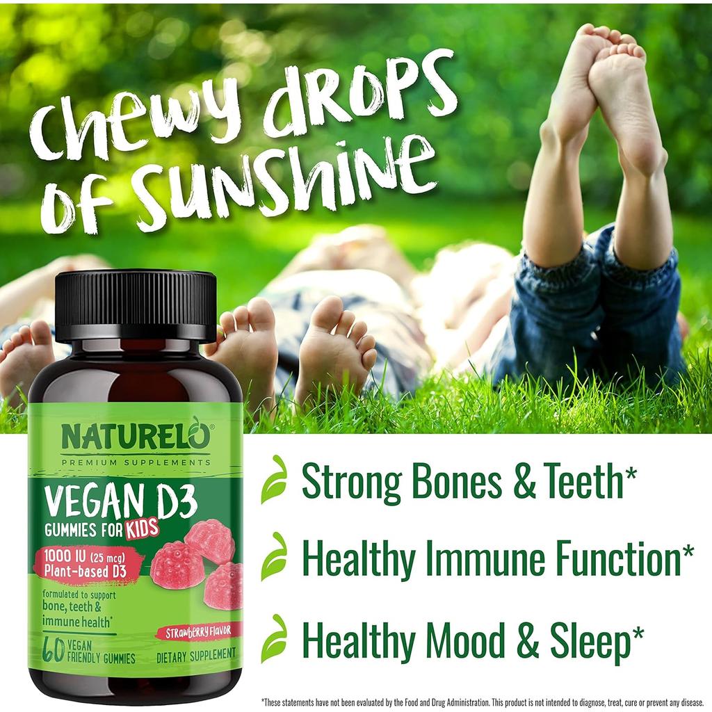 Naturelo whole food Vitamin D3 gummies for kids, strawberry-flavoured vegan-friendly immune support supplement