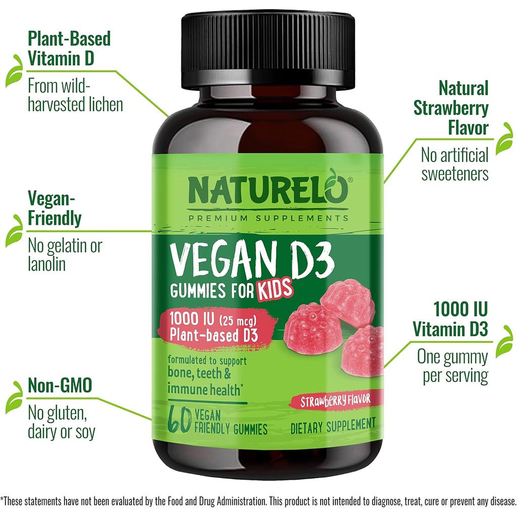 Naturelo Whole Food Vitamin D3 Gummies for Kids - Strawberry Flavoured Sunshine Drops for Immune Support and Healthy Bones