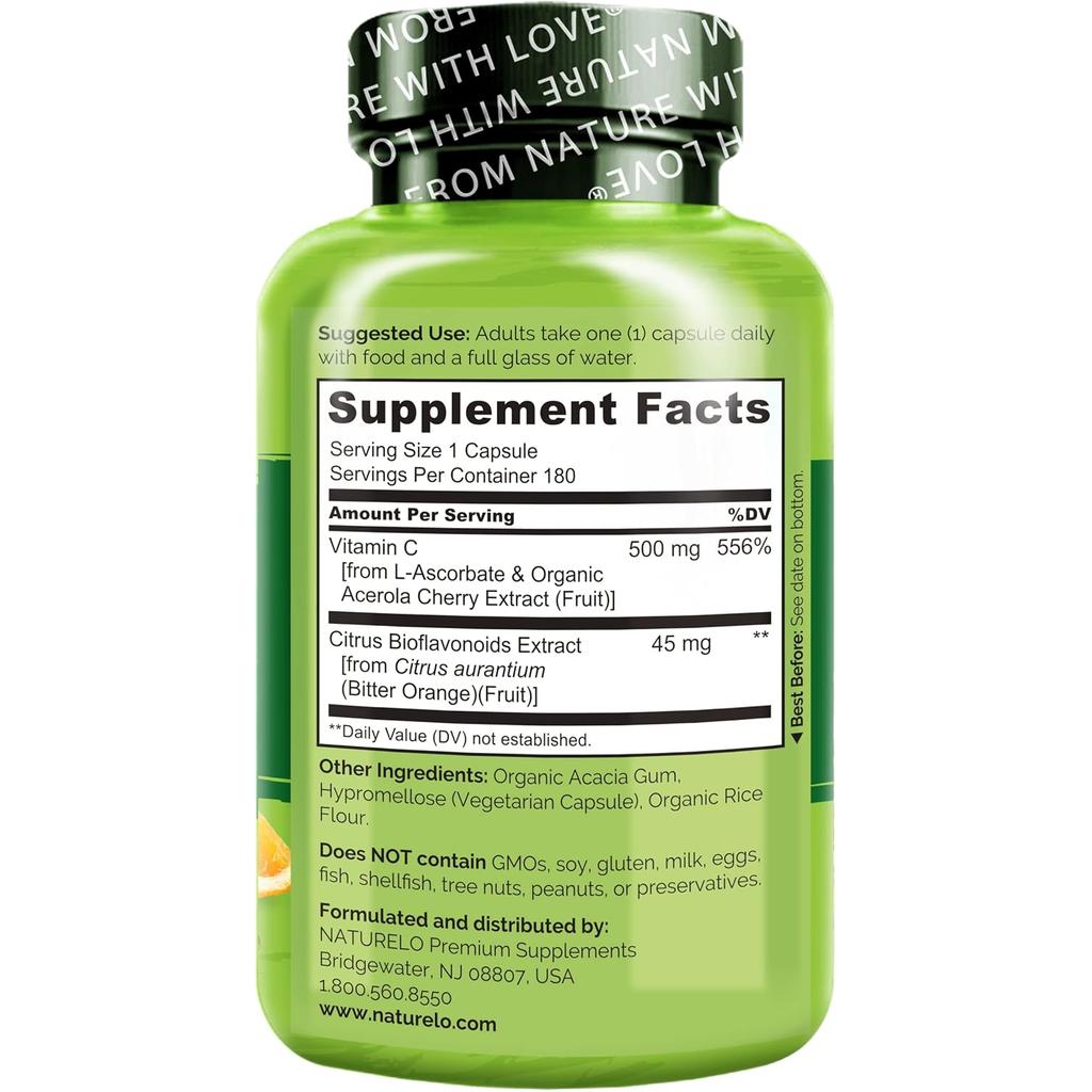 Naturelo Vitamin C with Acerola Cherries and Citrus Bioflavonoids, 90-ct for immune support and antioxidant benefits