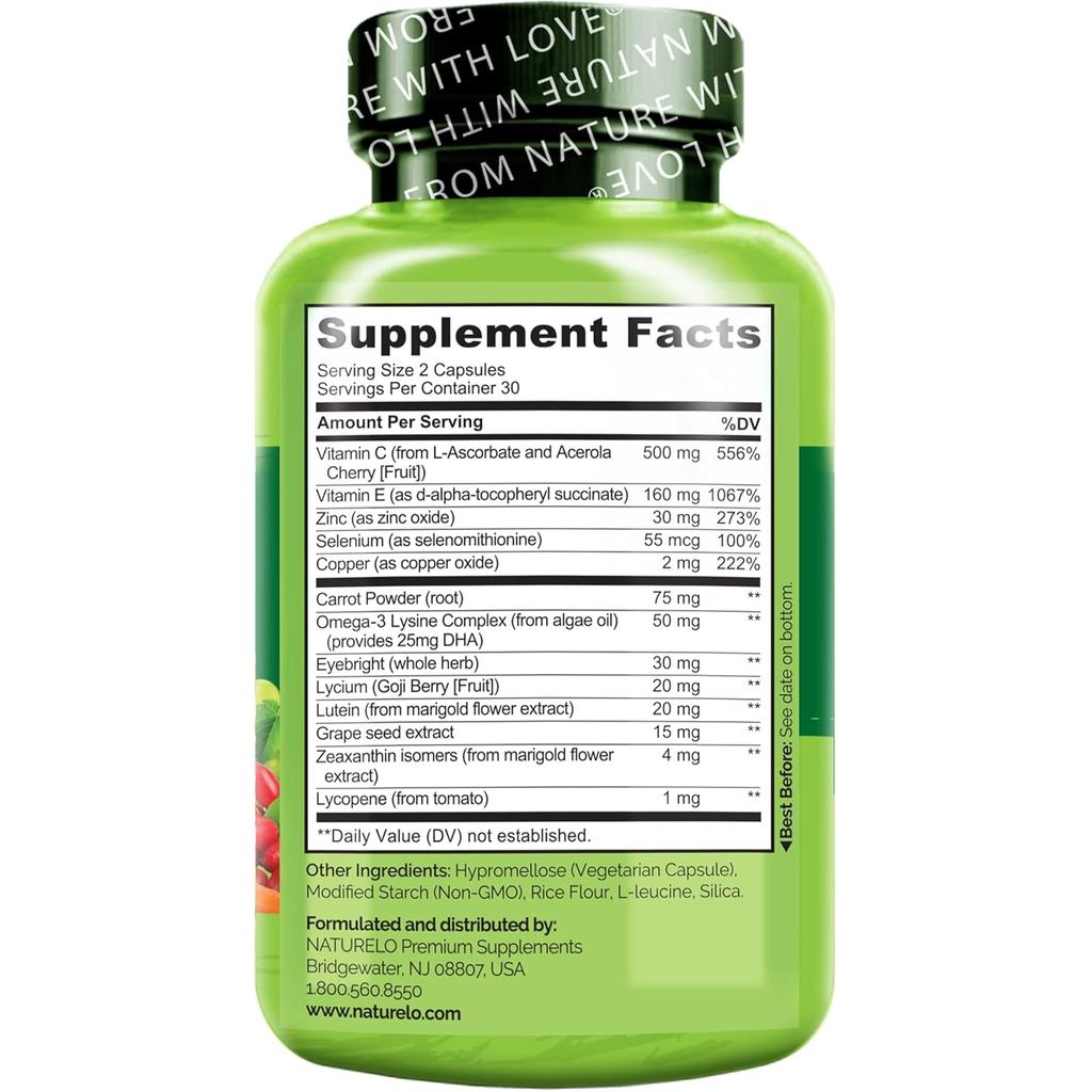 Naturelo Eye Vitamins with Areds 2 Formula for Healthy Vision and Eye Support