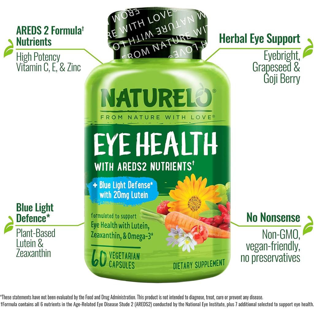 Naturelo Eye Health Vitamins: Eye-friendly nutrients for vision support, AREDS 2 formula with antioxidants, omega-3s, & herba