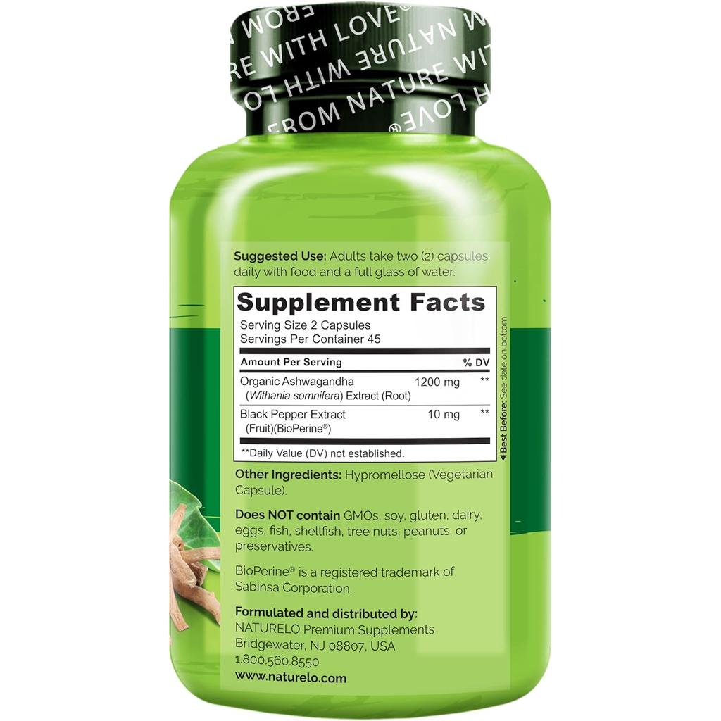 Naturelo Ashwagandha Root Powder Supplement with Bioperine - Stress Support & Energy Boost - Organic Adaptogen for Calmness &