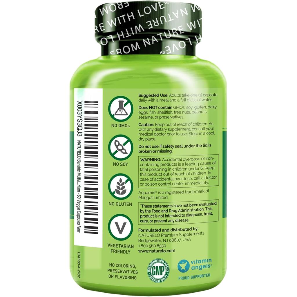 Naturelo Bariatric Multivitamin with Real Fruits and Vegetables - Iron Content 45mg - Easy Absorption for Gastric Bypass Reco