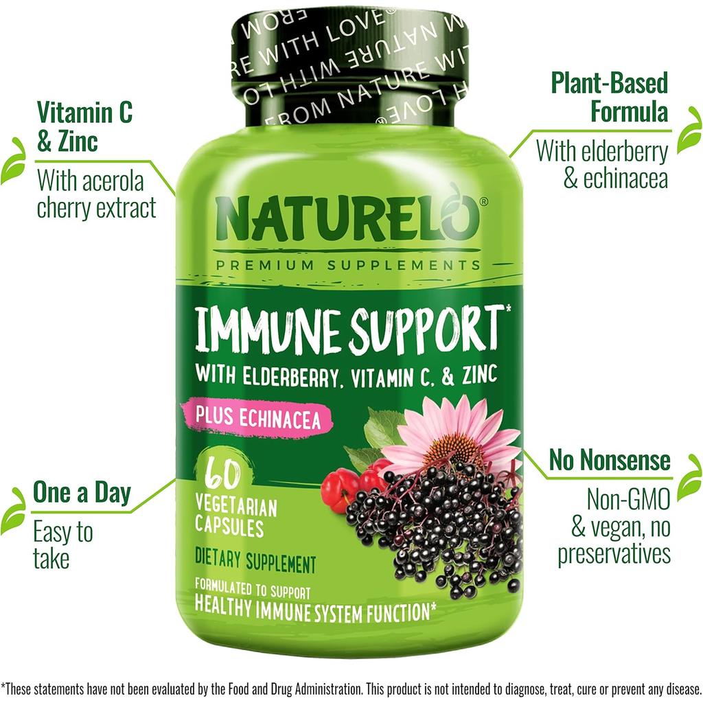 Naturelo Immune Support Vitamin Supplement - Boosts immunity, supports wellness, strengthens defenses - 60 capsules.