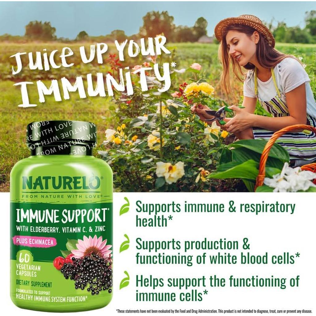 Naturelo Immune Support Vitamin Supplement Bottle - Boosts Immunity, Allergen-Free Formula, Lab-Tested & Money-Back Guarantee