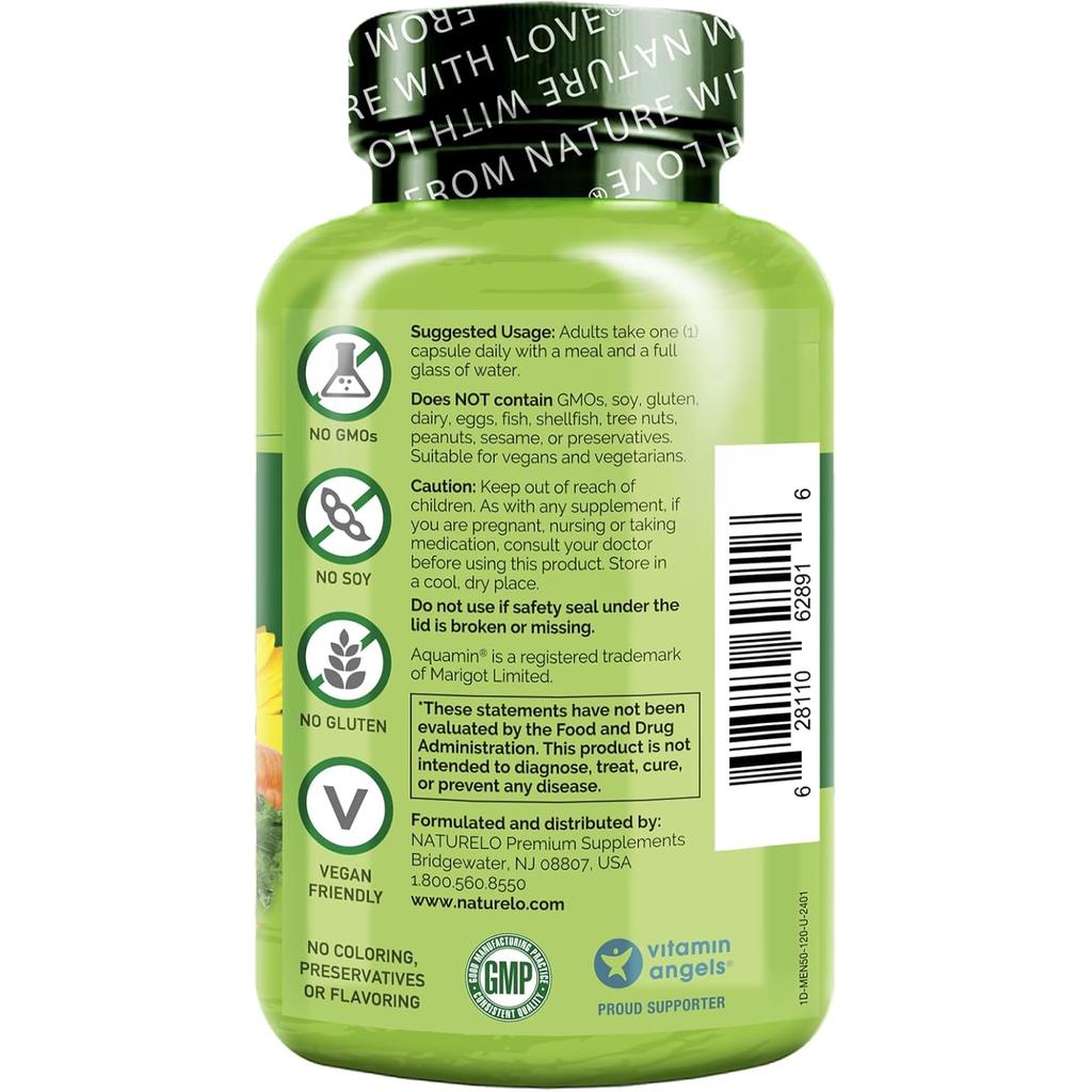 Naturelo One Daily Multivitamin for Men 50+ with 22 essential vitamins and minerals, plant-based nutrients, and bioactive ing