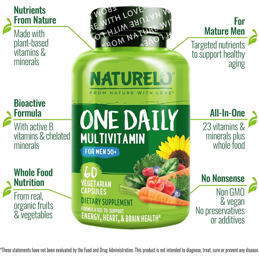 Naturelo One Daily Multivitamin for Men 50+ - All-in-one plant-based formula for healthy aging and vitality.