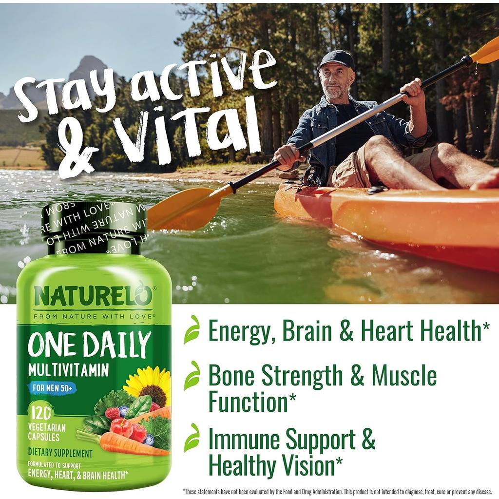 Naturelo One Daily Multivitamin for Men 50+ - Plant-Based Bioactive Men's Health Support Supplement.