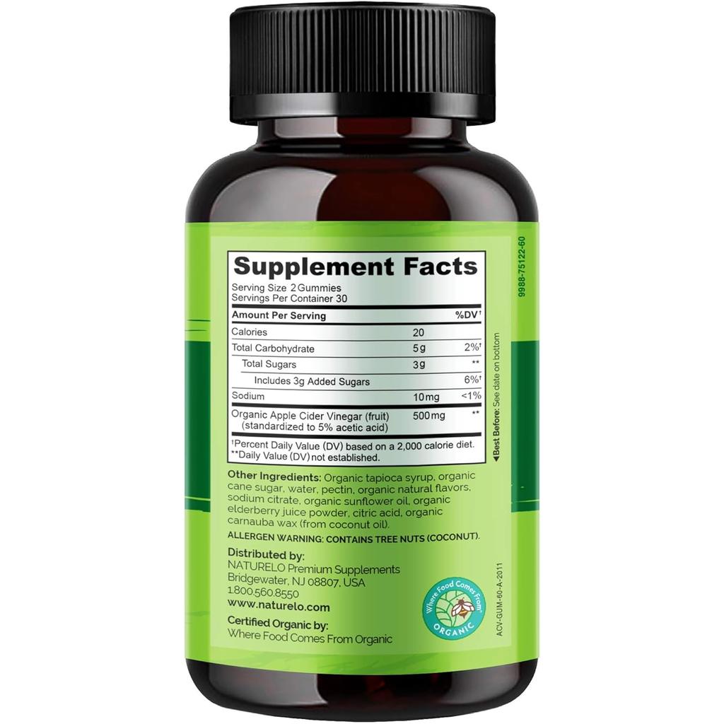 Naturelo Organic Apple Cider Vinegar Gummies - Metabolism Support, Plant-Based, Organic & Vegan Formula