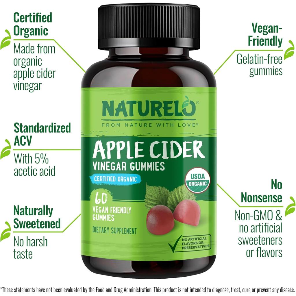 Naturelo Organic Apple Cider Vinegar Gummies: Metabolism Support, Vegan & Non-GMO - From Nature with Love