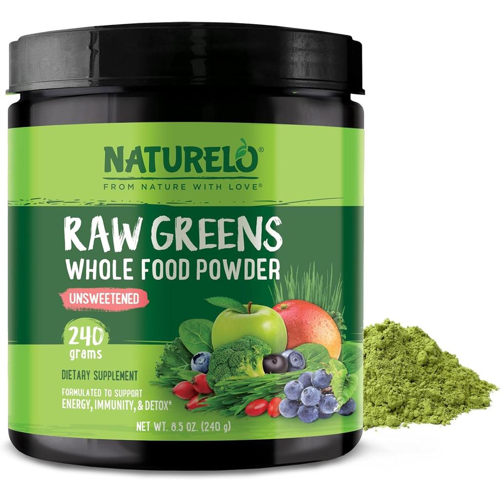 Naturelo Raw Greens Powder Unsweetened - Organic Superfoods, Herbal Power, Whole Food Nutrition, Natural Benefits, Drink Your