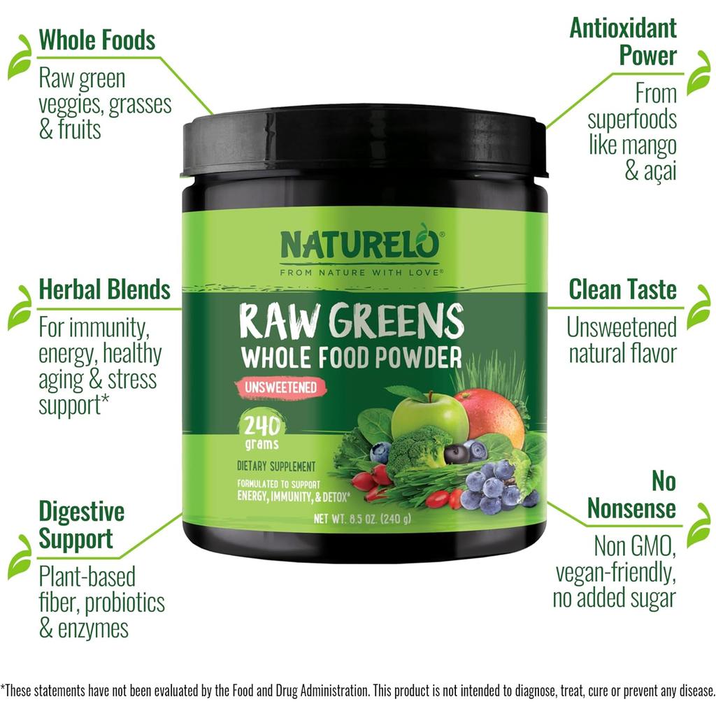 Naturelo Organic Superfood Greens Powder: Nutrient-Packed Whole Foods Blend for Energy, Immunity & Digestive Health
