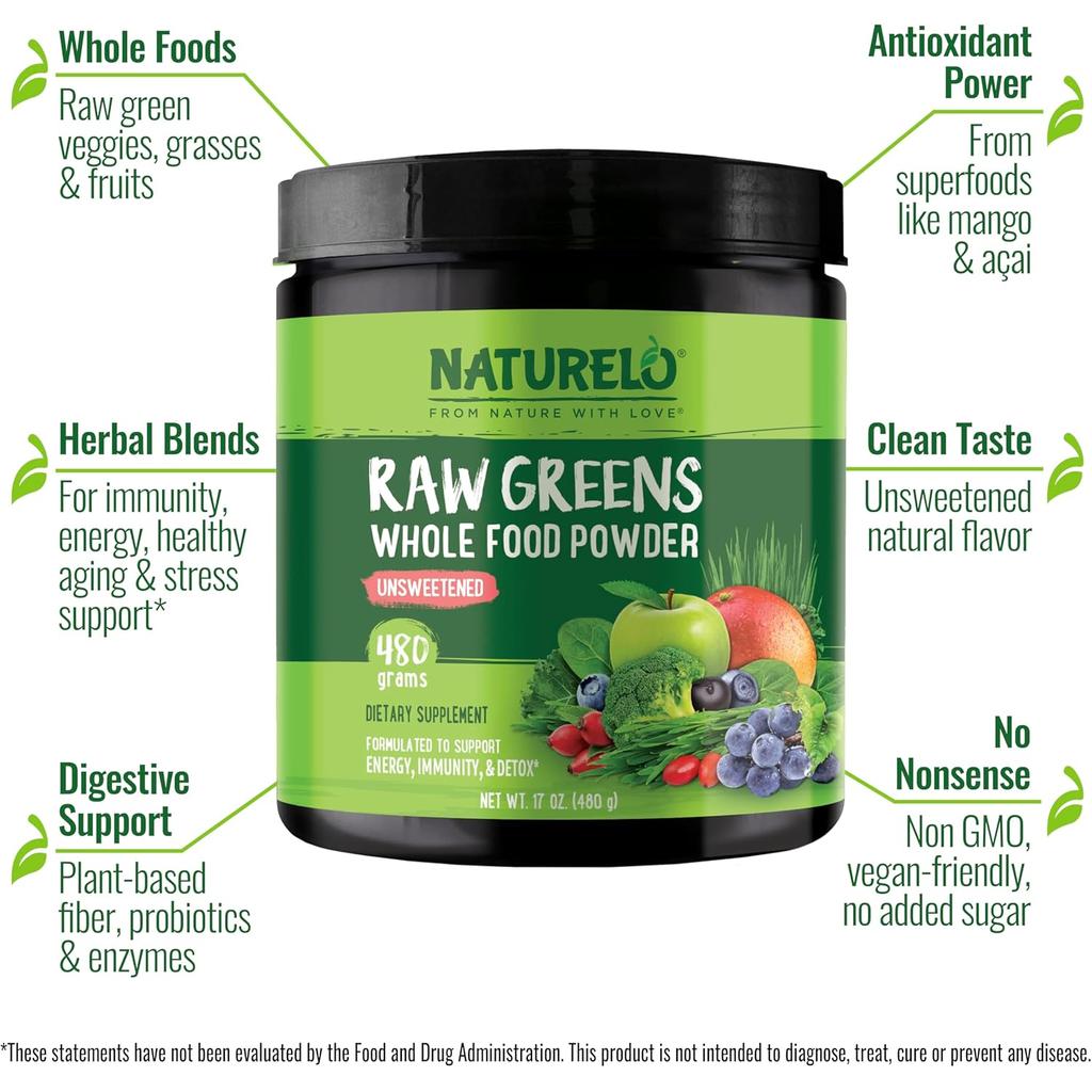Naturelo Organic Superfood Greens Powder - Nutrient-Packed Whole Foods Blend for Healthy Aging, Immune Support, Energy & Dige