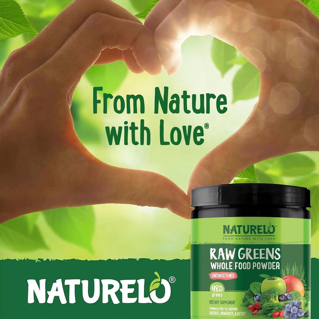 Naturelo Raw Greens Powder - Organic Superfoods, Herbal Power, Whole Food Nutrition, Natural Benefits, Drink Your Veggies.