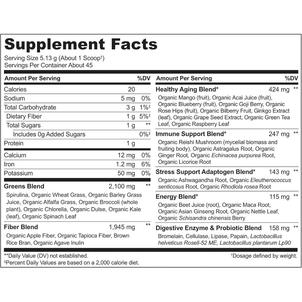 Naturelo Organic Superfoods Greens Powder Unsweetened - Nutrient-Packed Whole Foods for Immune Health, Energy & Digestive Sup