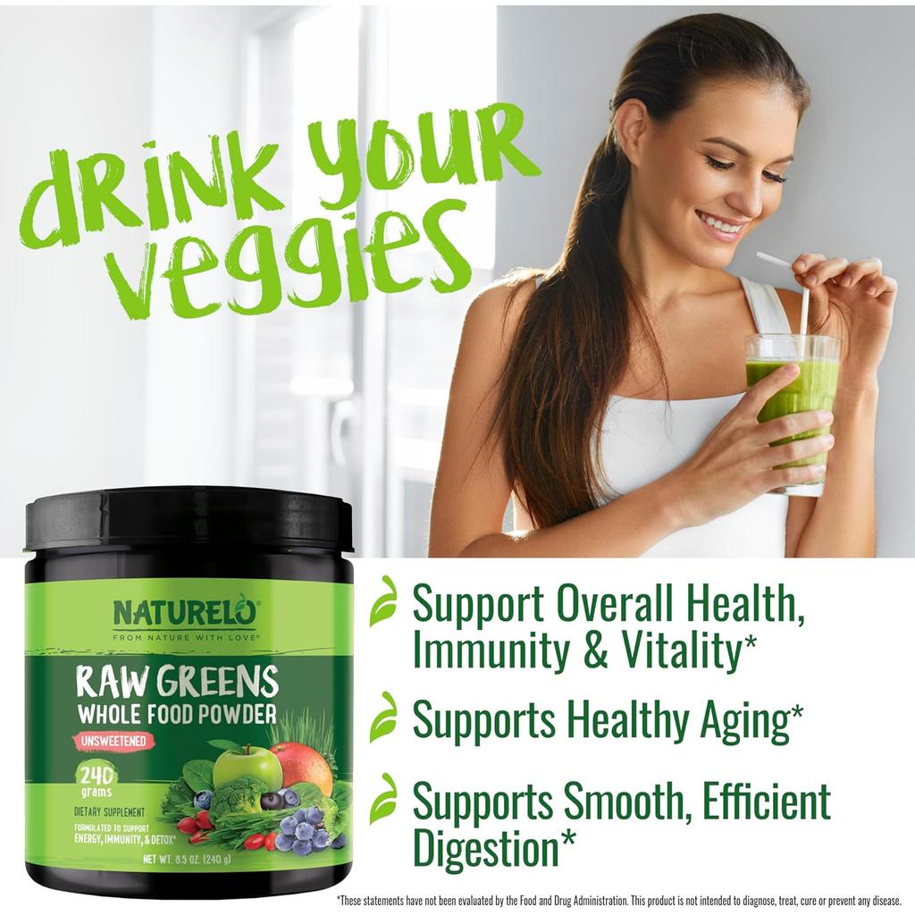 Naturelo Organic Superfood Greens Powder - Nutrient-Packed Whole Foods & Herbal Power for Immune Health, Energy & Digestive S