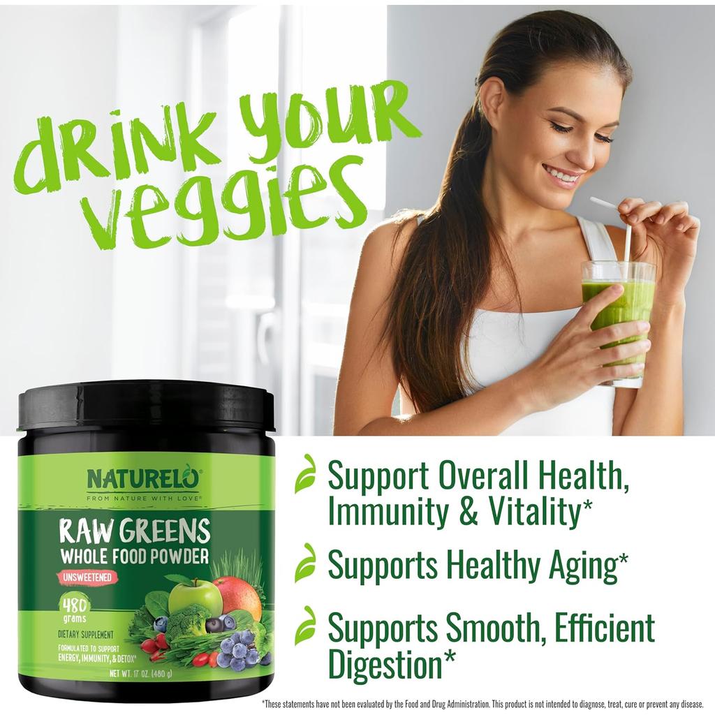 Naturelo Organic Superfood Greens Powder - Nutrient-Packed Whole Foods Blend for Healthy Aging, Immunity, Energy & Digestive