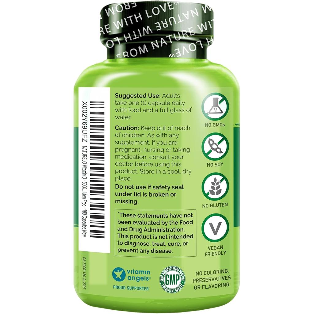 Naturelo Vegan Vitamin D3 5000 IU - Plant-Based, High Potency, Immune Support, Bone Health - Clean Label Supplement.