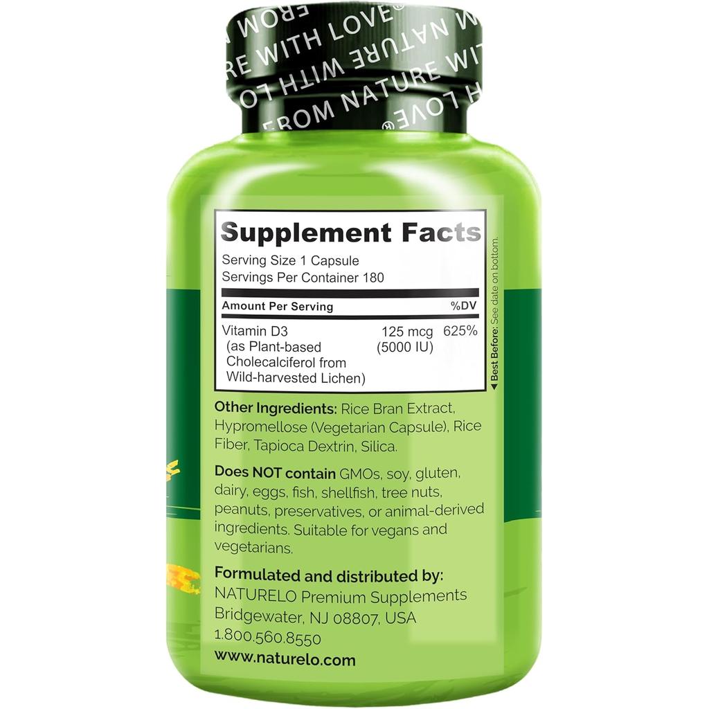 Naturelo Vegan Vitamin D3 5000 IU - Plant-Based Immune Support for Healthy Bones - High Potency Supplement - Clean Label Form