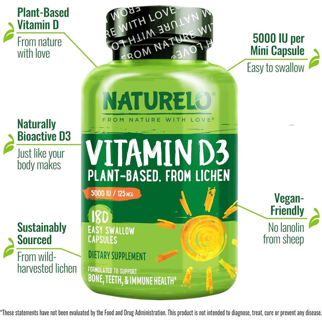 Naturelo Vegan Vitamin D3 5000 IU - Plant-Based High Potency Immune Support for Healthy Bones - Non GMO, Vegetarian, Gluten F