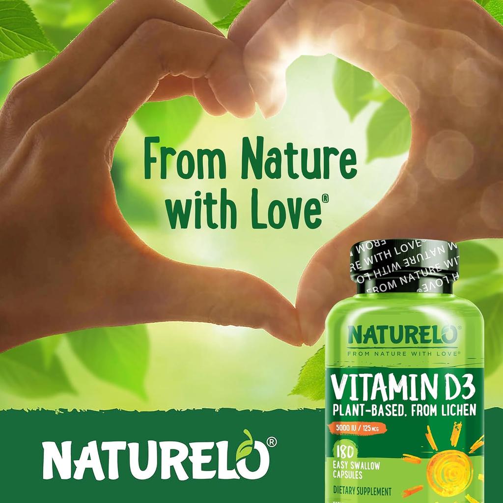 Naturelo Vegan Vitamin D3 5000 IU - Plant-Based, High Potency Immune Support, Healthy Bones - Clean Label Supplement - Image