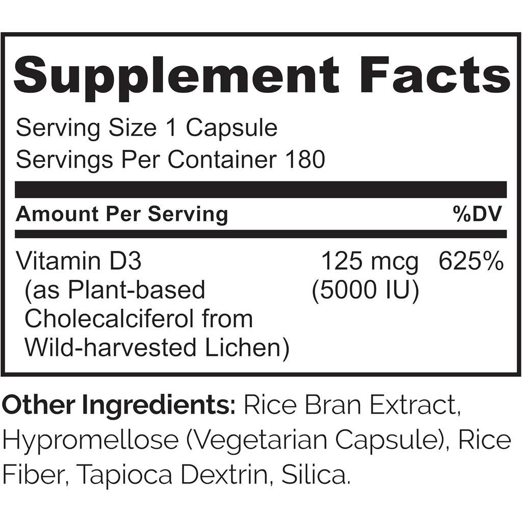 Naturelo Vegan Vitamin D3 5000 IU Plant-Based Immune Support & Bone Health Supplement