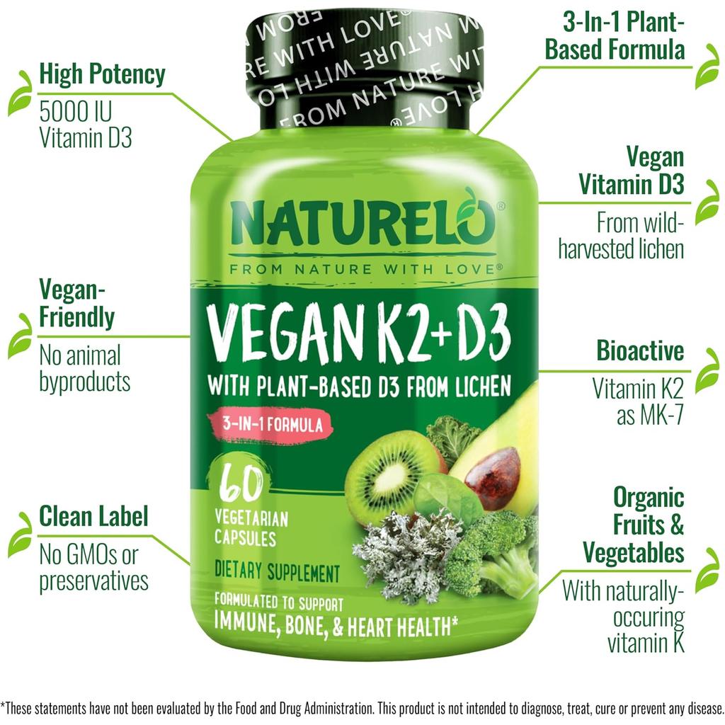 Naturelo Vegan Vitamin K2 D3 Supplements: Plant-Based Formula for Healthy Bones & Heart with Organic Fruits & Veggies