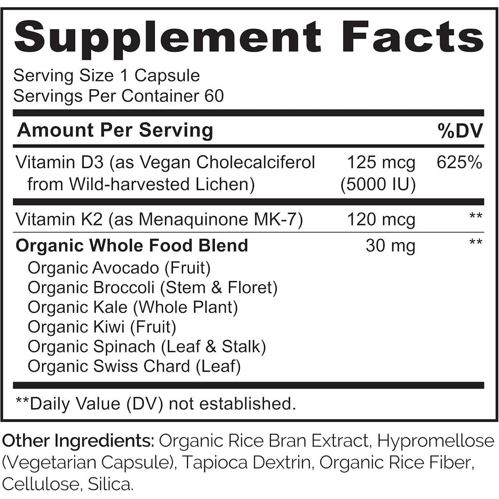 Naturelo Vegan Vitamin K2 D3 Supplements - Plant-Based, Whole Food Complex, Potent & Bioactive for Healthy Bones & Heart.