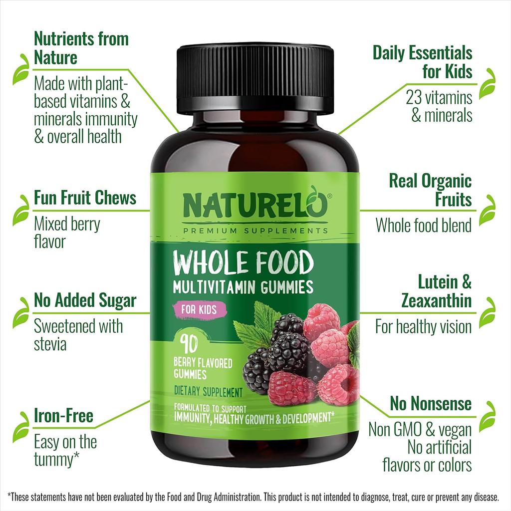 Naturelo Whole Food Vitamin Gummies for Kids - Plant-Based, Organic Fruits, Chewable, No Artificial Sweeteners, Clean Formula